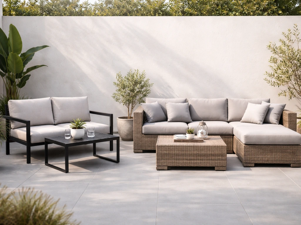 Outdoor patio showing two patio furniture sets side by side with aluminum and woven materials.