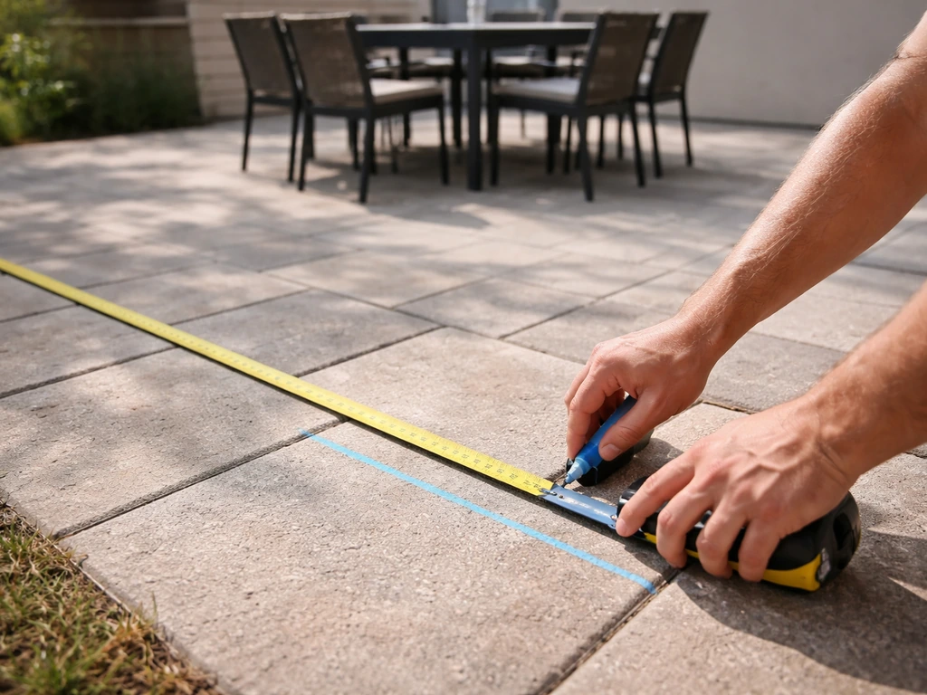 Person using a tape measure to mark patio area around an outdoor dining table.