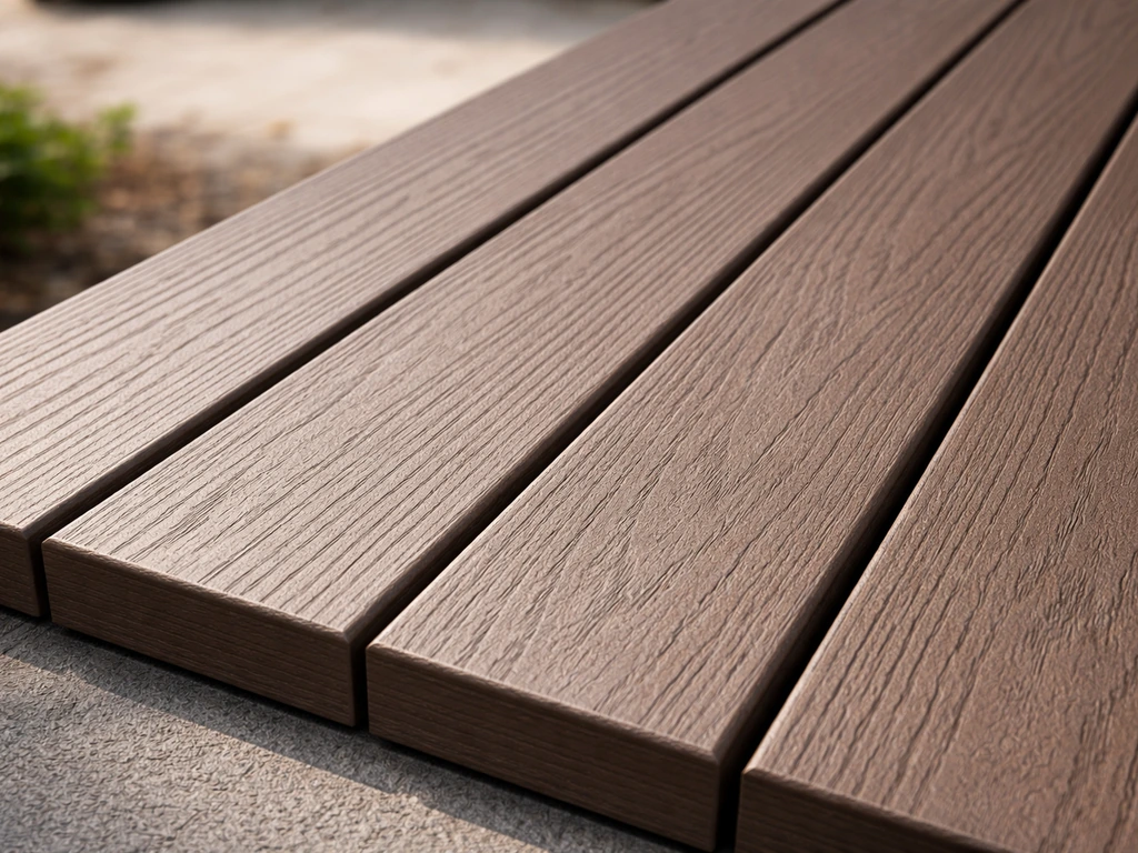 Close-up of wood-look HDPE composite decking slats with a clean, intact surface