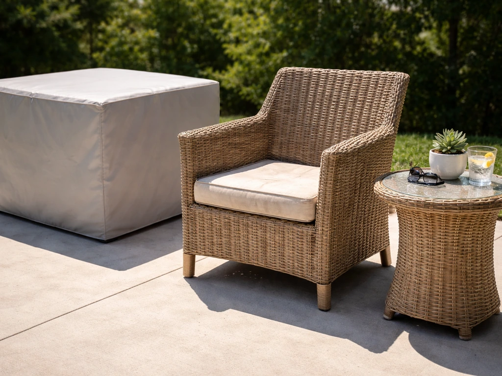 Resin wicker patio chair in harsh sun showing UV fading, with a nearby covered storage space for comparison.