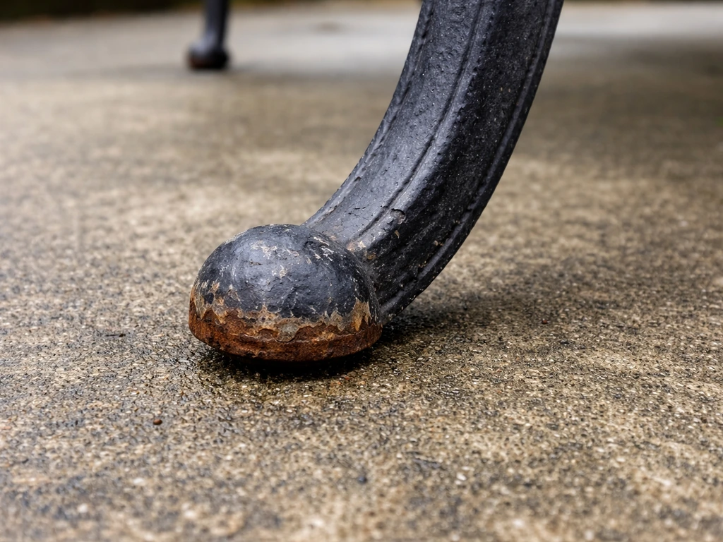 Close-up of chipped steel patio furniture coating showing early corrosion risk from rust.