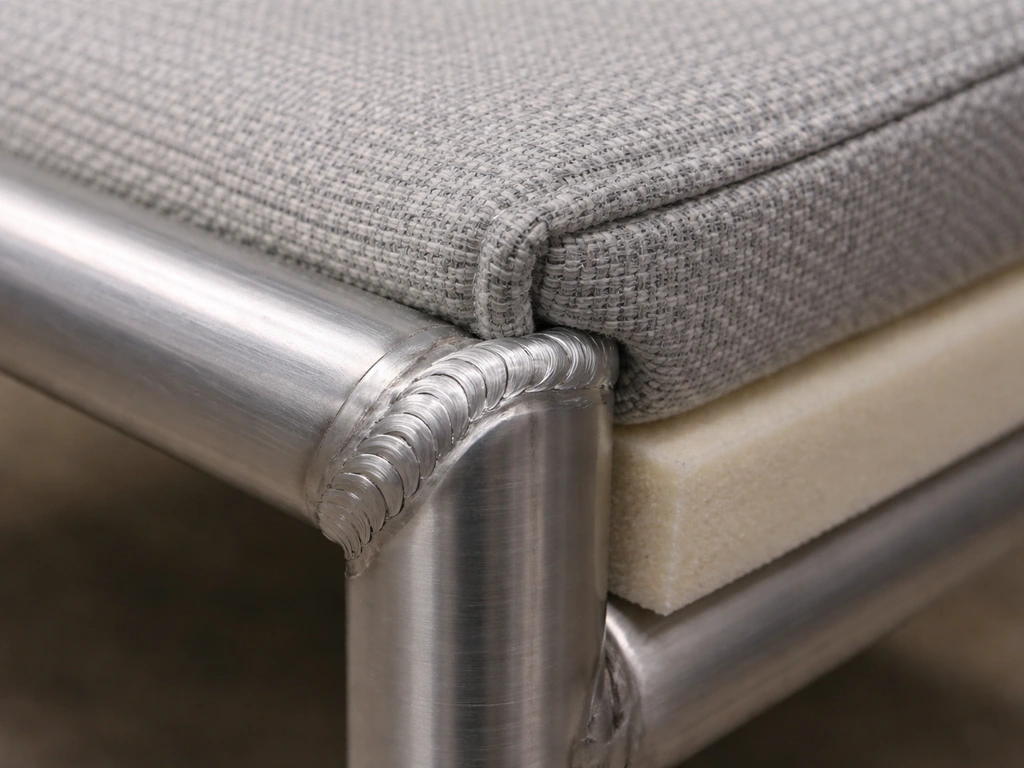 Close-up of a fabric cushion edge and dense foam on a welded aluminum frame corner.
