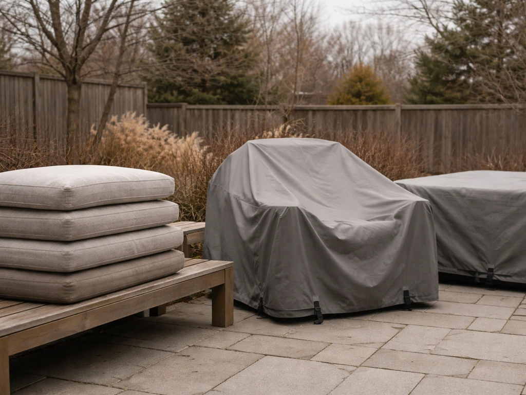 Stacked outdoor cushions and oversized patio furniture under weatherproof covers for winter storms