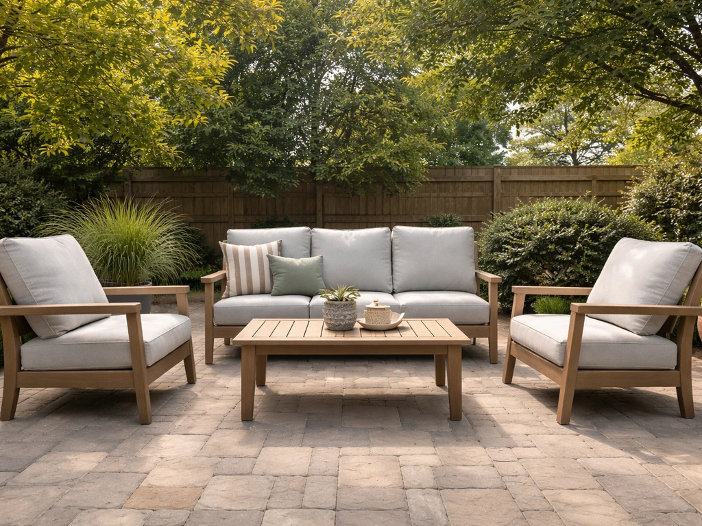 Sunlit patio with neatly arranged outdoor furniture and dry cushions ready to use
