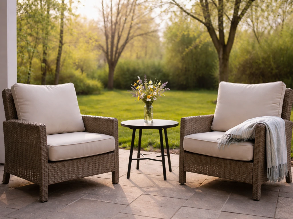 Outdoor patio with a freshly set seating area in clear spring weather, warm afternoon light.