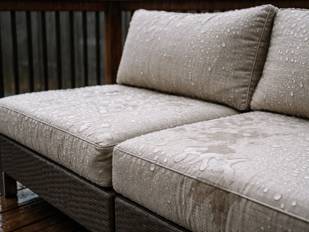 Patio cushions outdoors with damp fabric and visible water beading after rainfall