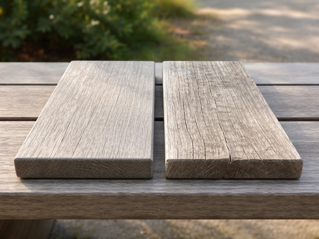 Side-by-side teak/ipe plank and less-treated wood plank showing different early weathering outdoors.