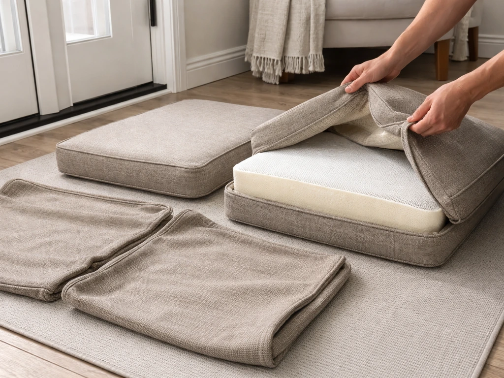 Hands remove and check outdoor cushion covers indoors before placing frames back out