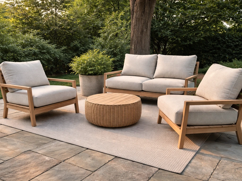 Comfortable patio chairs with thick cushions on a simple weather-ready outdoor setting