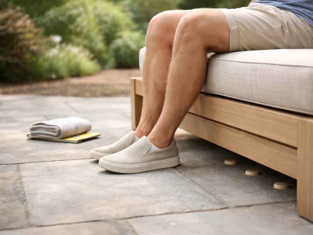 Outdoor bench scene showing seated leg alignment and cushion contact comfort cues.