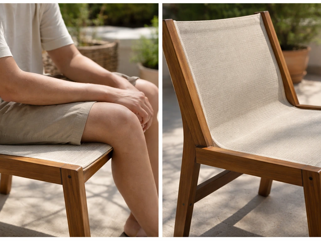 Two sling dining chairs side-by-side showing taut fabric tension supporting a sitter, no cushion visible.