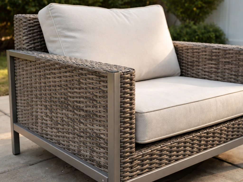 Outdoor patio chair made of resin wicker over an aluminum frame with stacked cushions