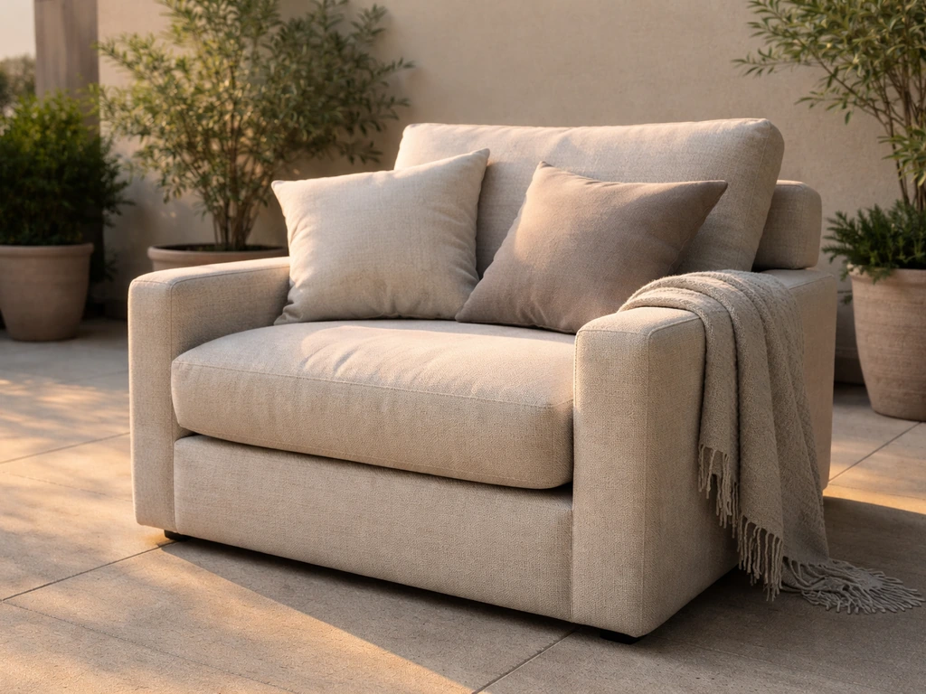Reclined deep seating chair lounge on a patio with pillows and soft natural light