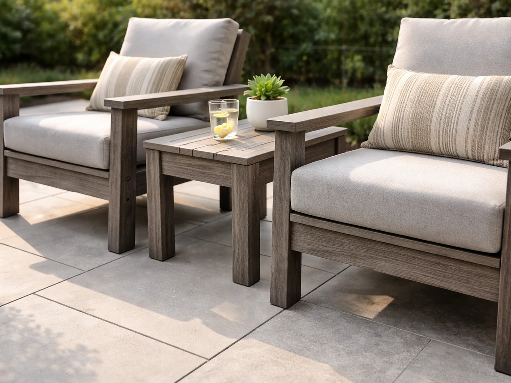 Close view of modern capped composite patio furniture with a wood-grain texture on a clean outdoor patio.