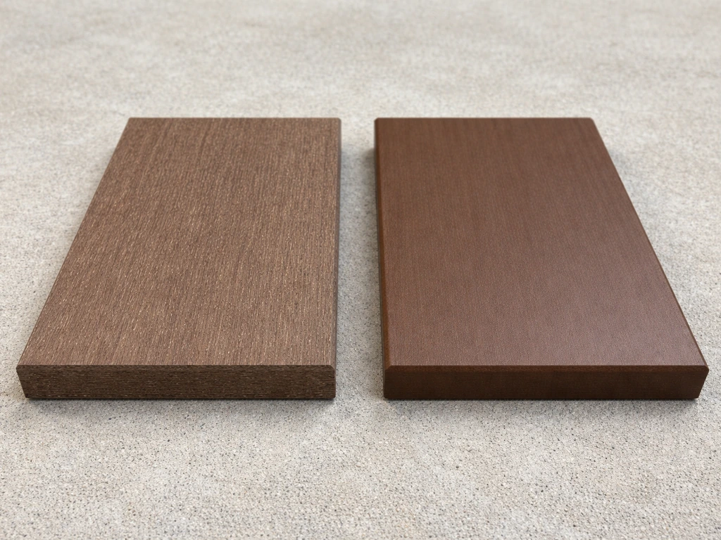 Side-by-side photo of two composite patio board samples: WPC with visible wood specks and TPC with uniform color.
