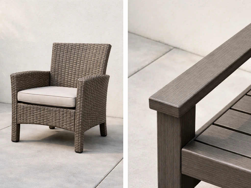Minimal outdoor scene with an all-weather woven wicker chair and a nearby composite slat tabletop/armrest for comparison