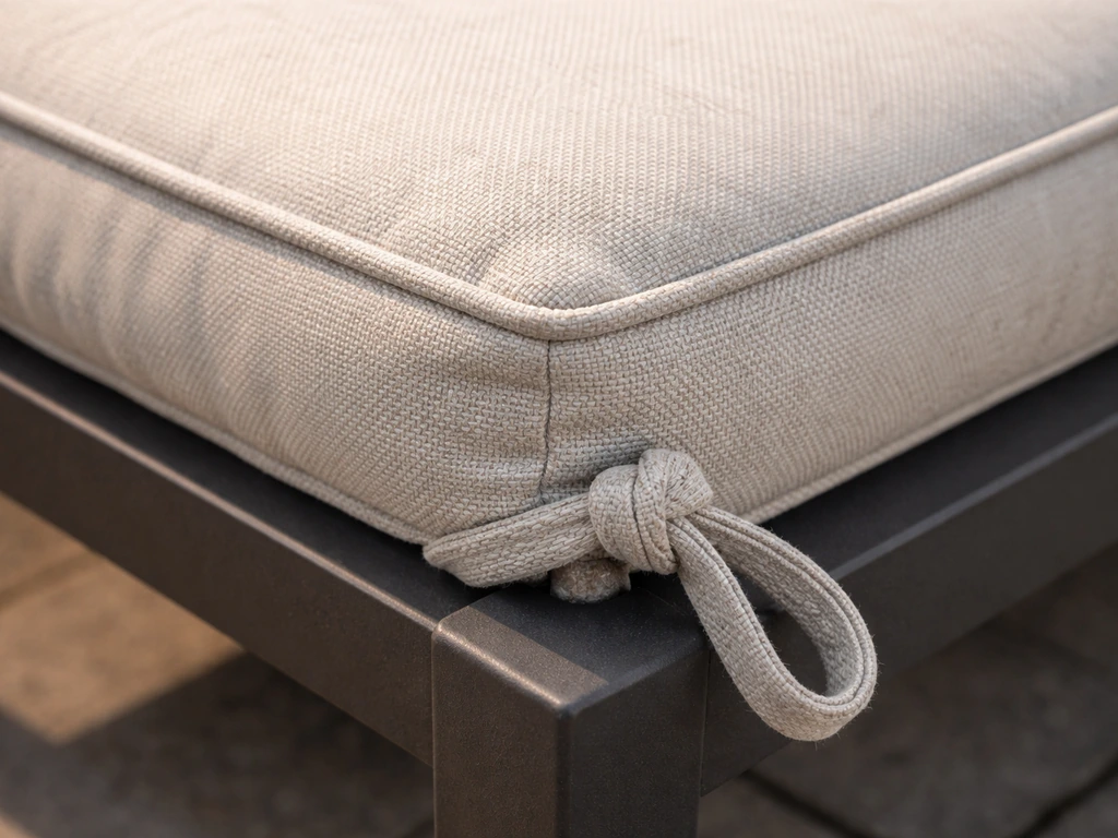 Close-up of outdoor-rated cushion fabric texture and ties attached to a composite furniture frame.