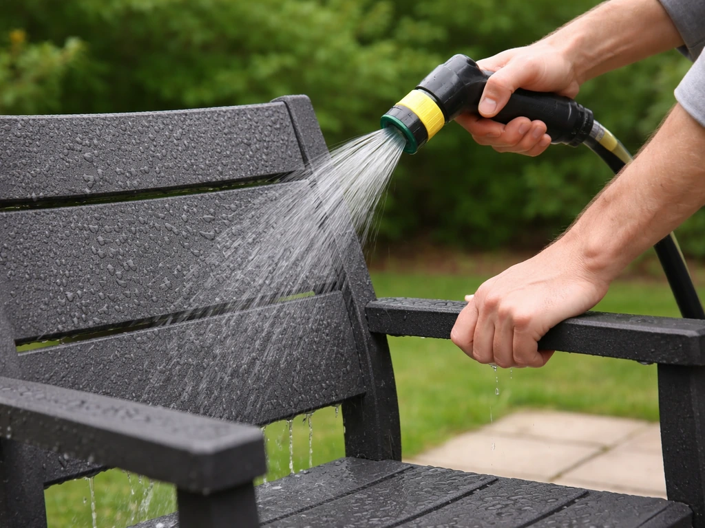 Hands rinse a composite patio chair with a hose outdoors in natural light.