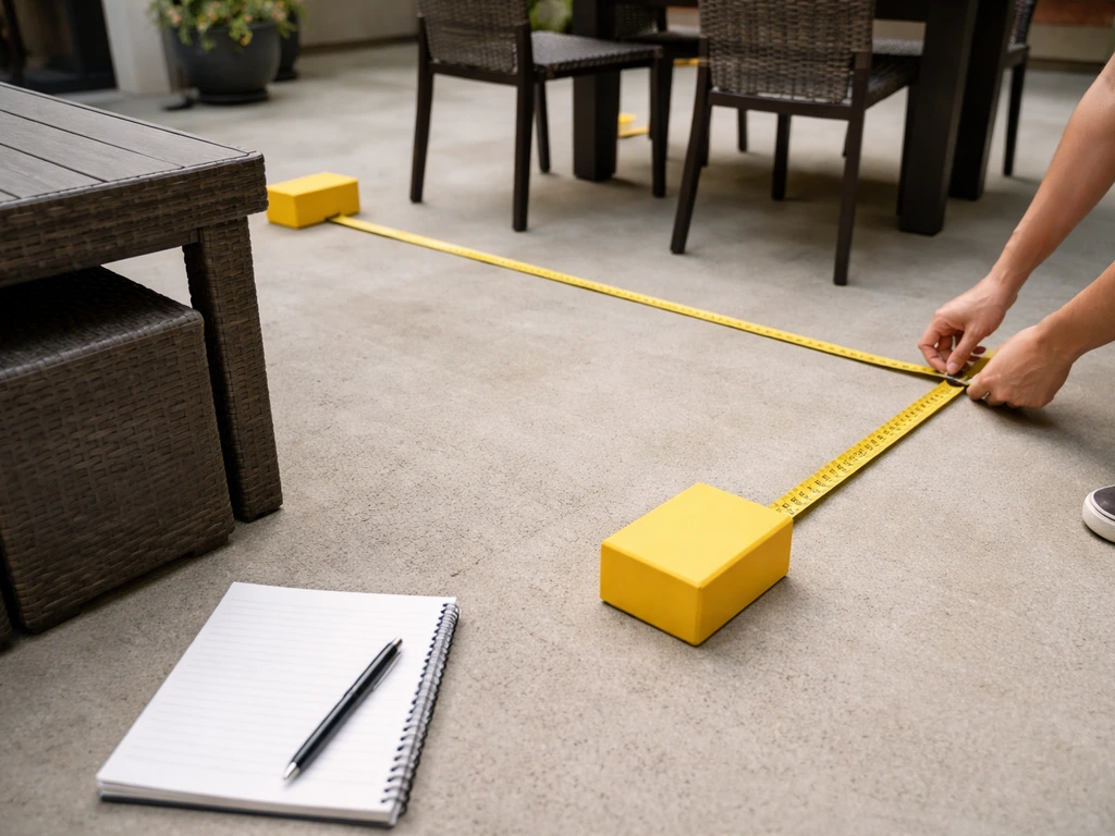 Measuring tape across a patio dining setup with clearance markers and a blank notepad beside outdoor furniture.