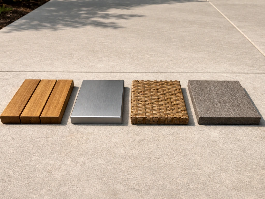 Four outdoor material samples side by side: teak wood, brushed aluminum, woven rattan, and composite board.