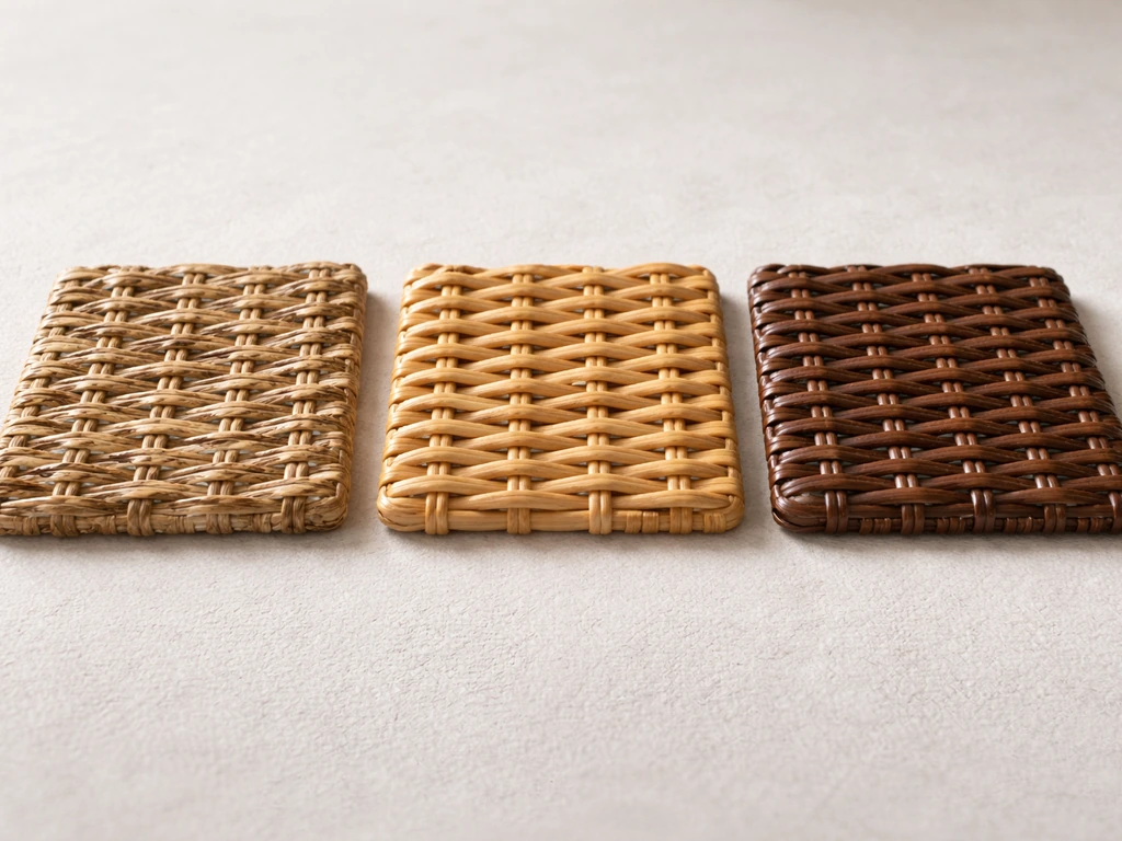 Close-up of natural wicker, natural rattan, and resin wicker swatches showing distinct weave textures.