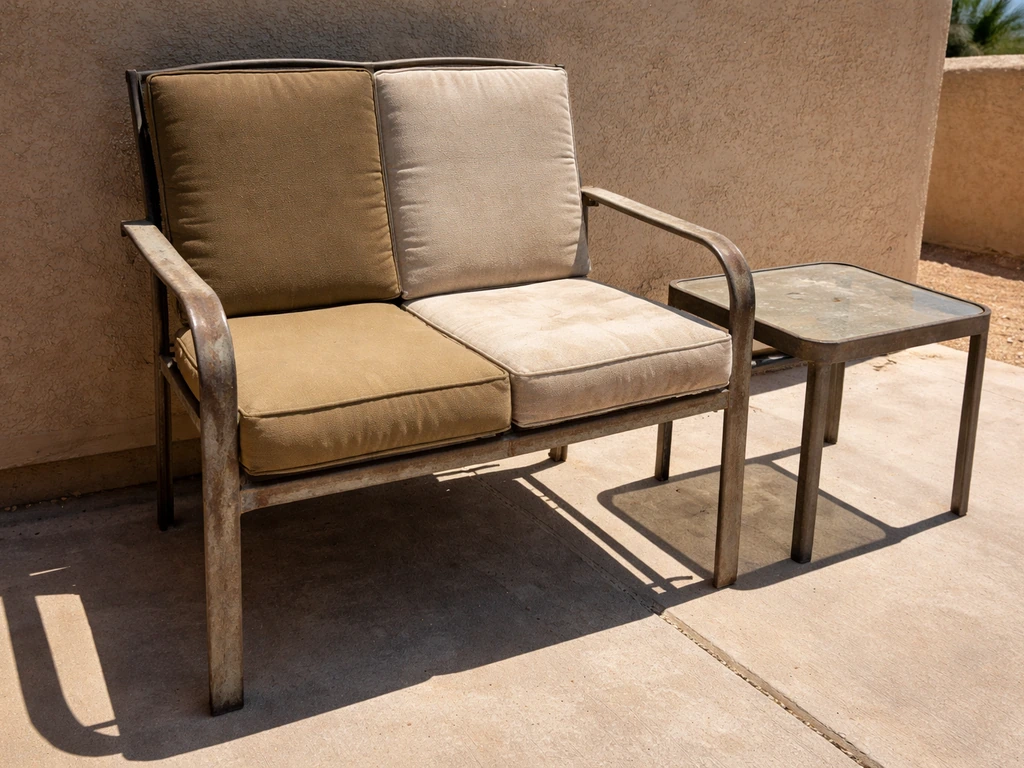 Sun-faded patio chair cushions beside a better-retained color section under intense desert light.