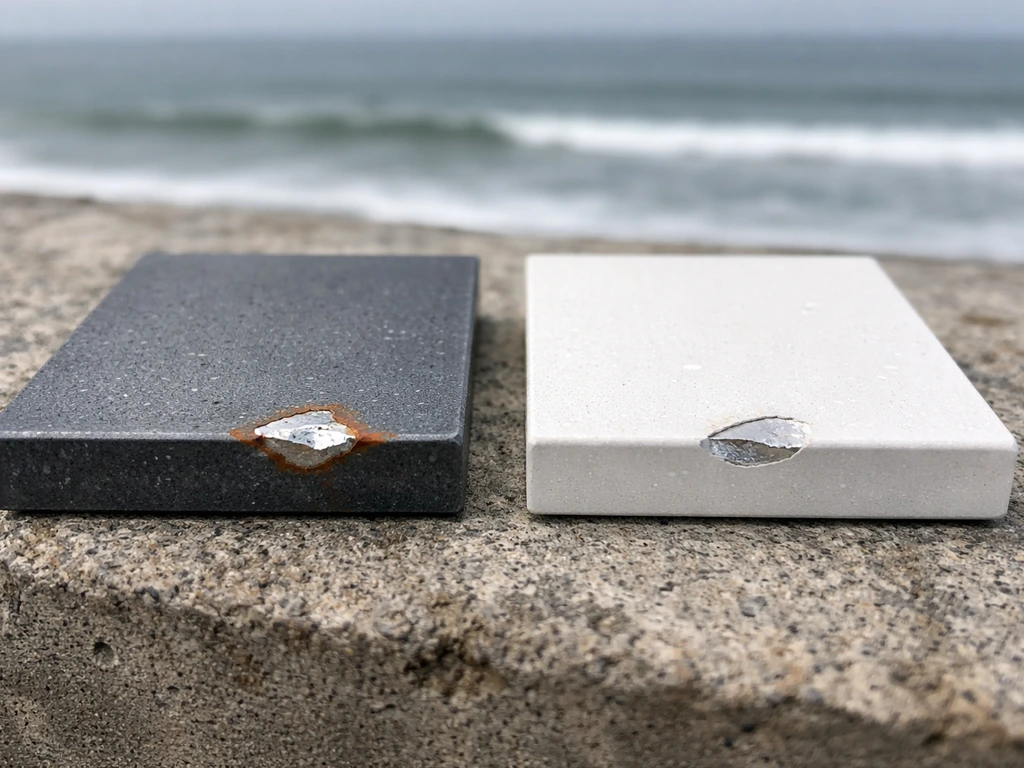 Close-up of chipped steel rust starting near the edge beside powder-coated aluminum with minimal corrosion.