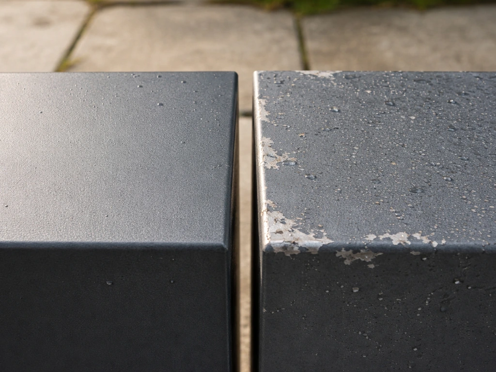 Side-by-side view of powder-coated metal with intact finish versus scratched painted metal outdoors