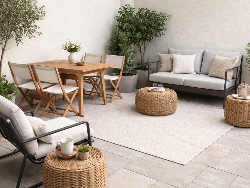 Tidy patio with wood seating, metal frame lounge, wicker accents, and upholstered cushions in daylight.
