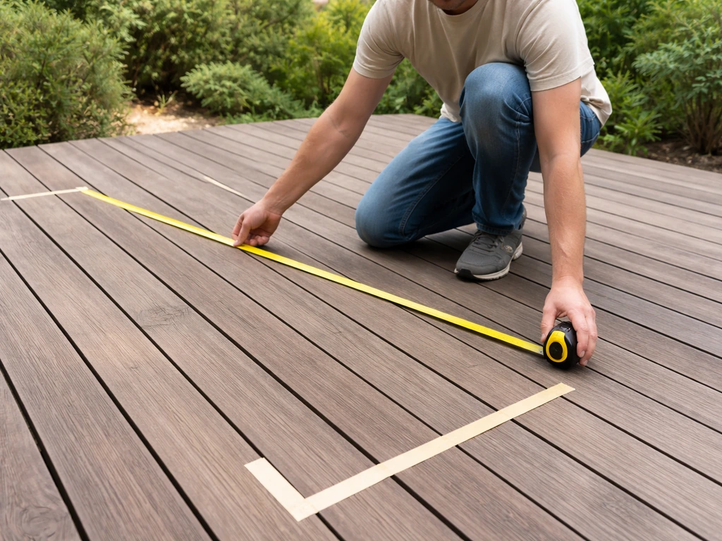 Person kneeling on a small wooden deck measuring with a tape measure for patio furniture layout.