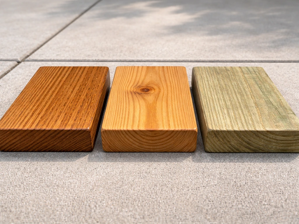 Three outdoor wood samples side-by-side showing teak, cedar, and pressure-treated grain differences.