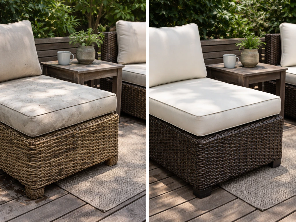 Outdoor patio wicker set: natural wicker faded and cracked beside intact synthetic resin wicker.
