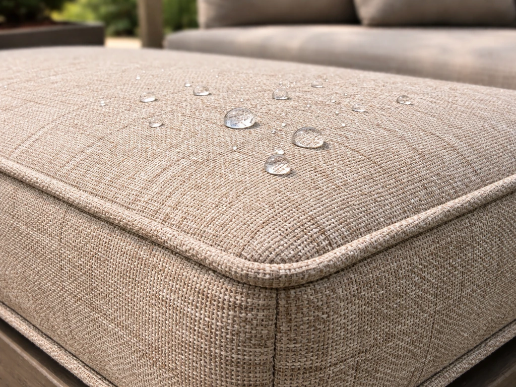 Close-up of solution-dyed acrylic patio cushion fabric with water beads, showing stain-resistant texture.