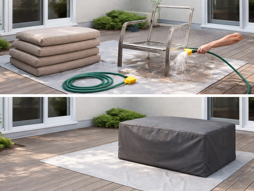Outdoor cushions removed and stored under a fitted cover while patio frames are rinsed and cleaned.