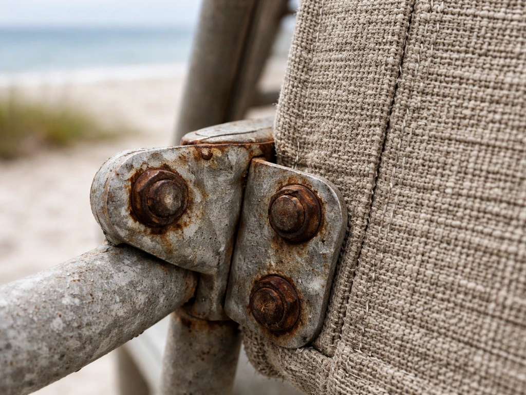 Close-up of beach-damaged outdoor furniture hardware with salt crust and weathered fabric