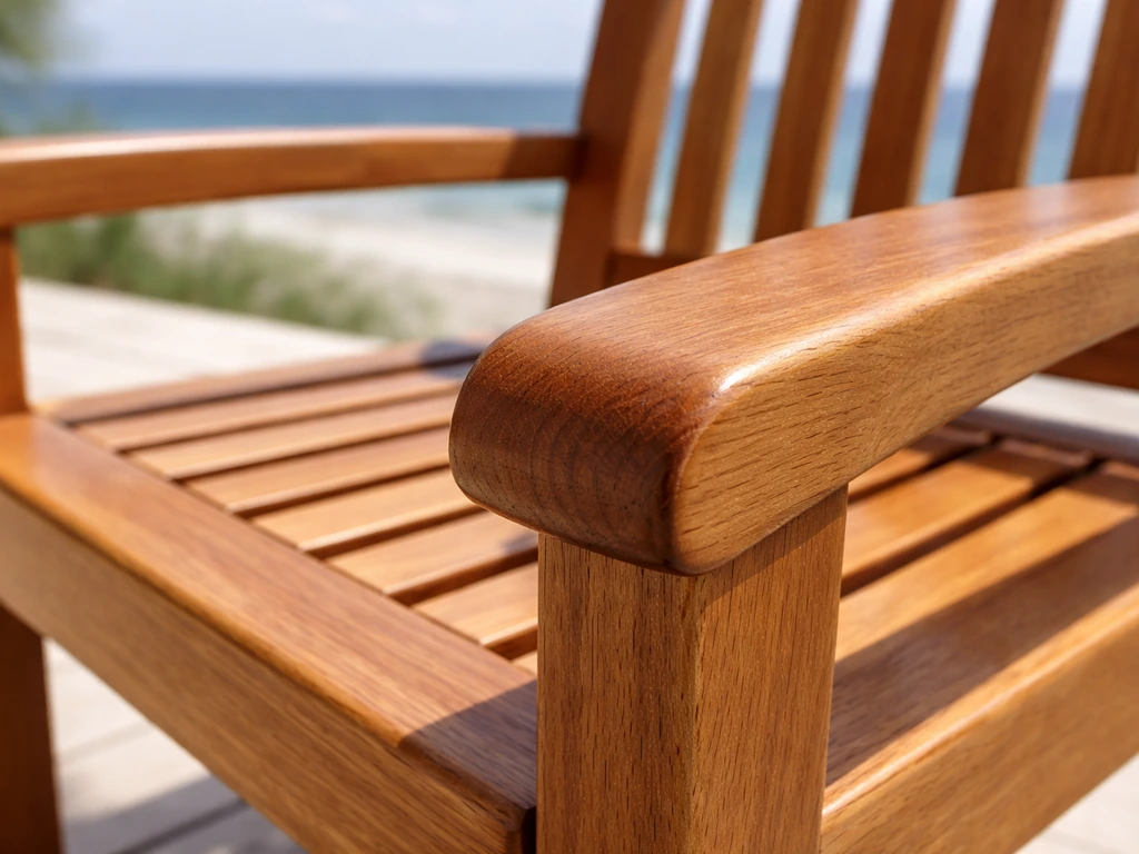 Close-up of teak patio furniture showing natural wood grain and a maintained sealed finish for salt air.