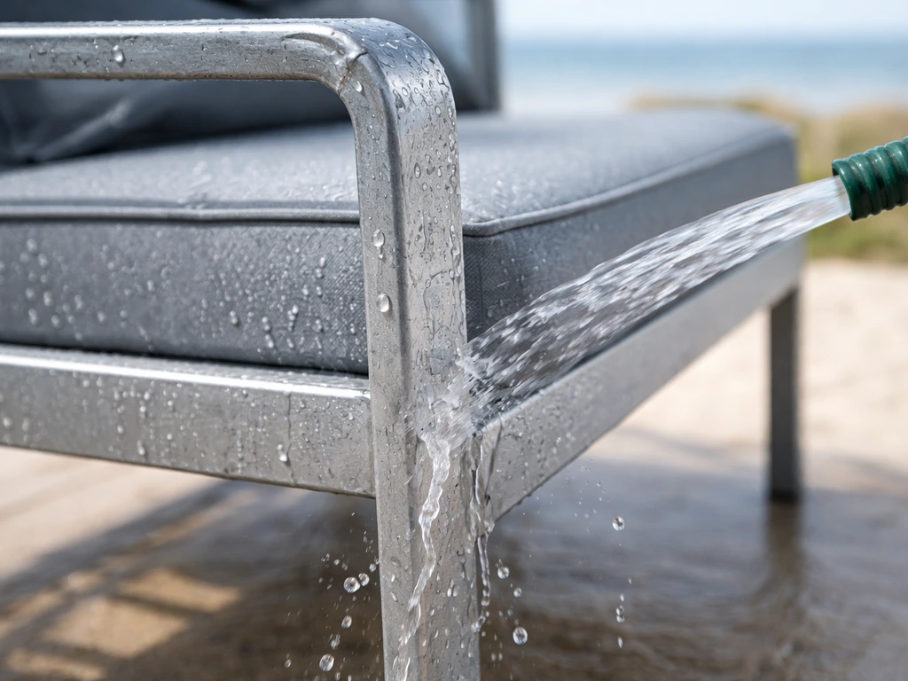 Aluminum patio chair frame being rinsed with fresh water after salt spray, droplets on the powder coat.