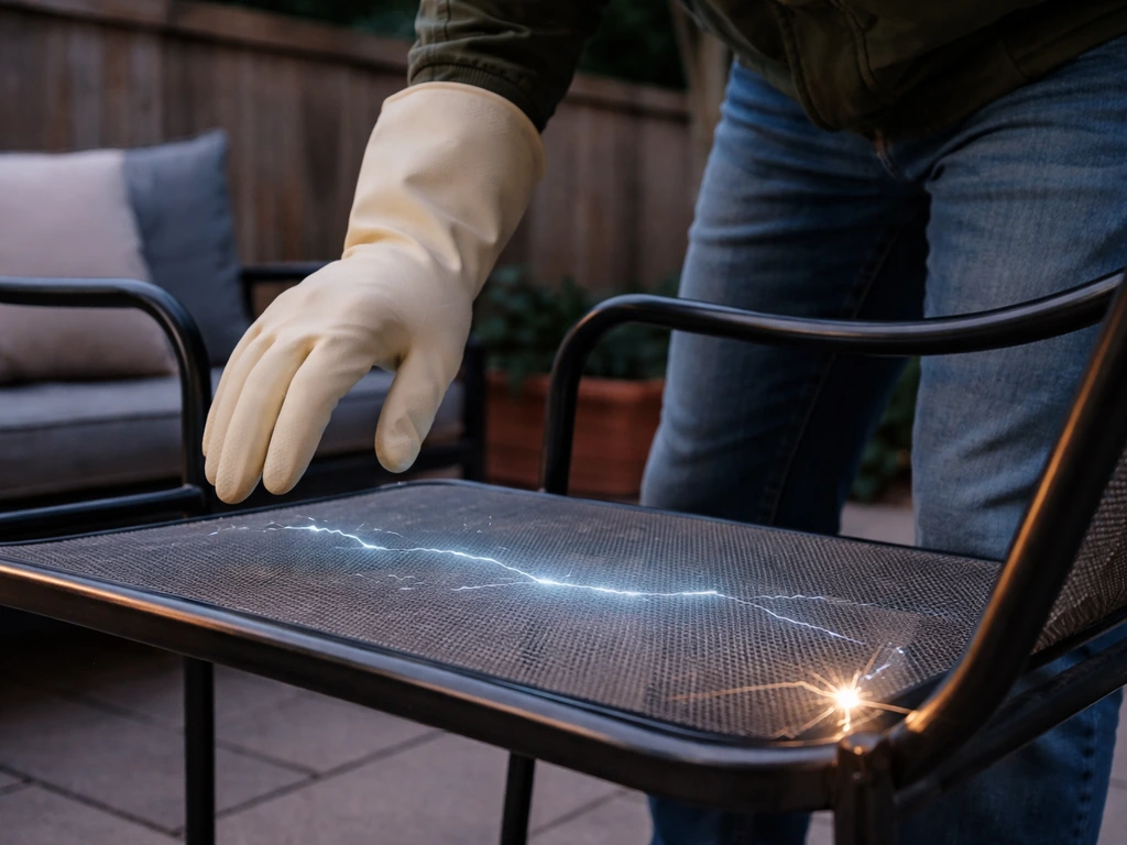 Gloved person hovering before sitting on patio metal chair with faint static around the seat