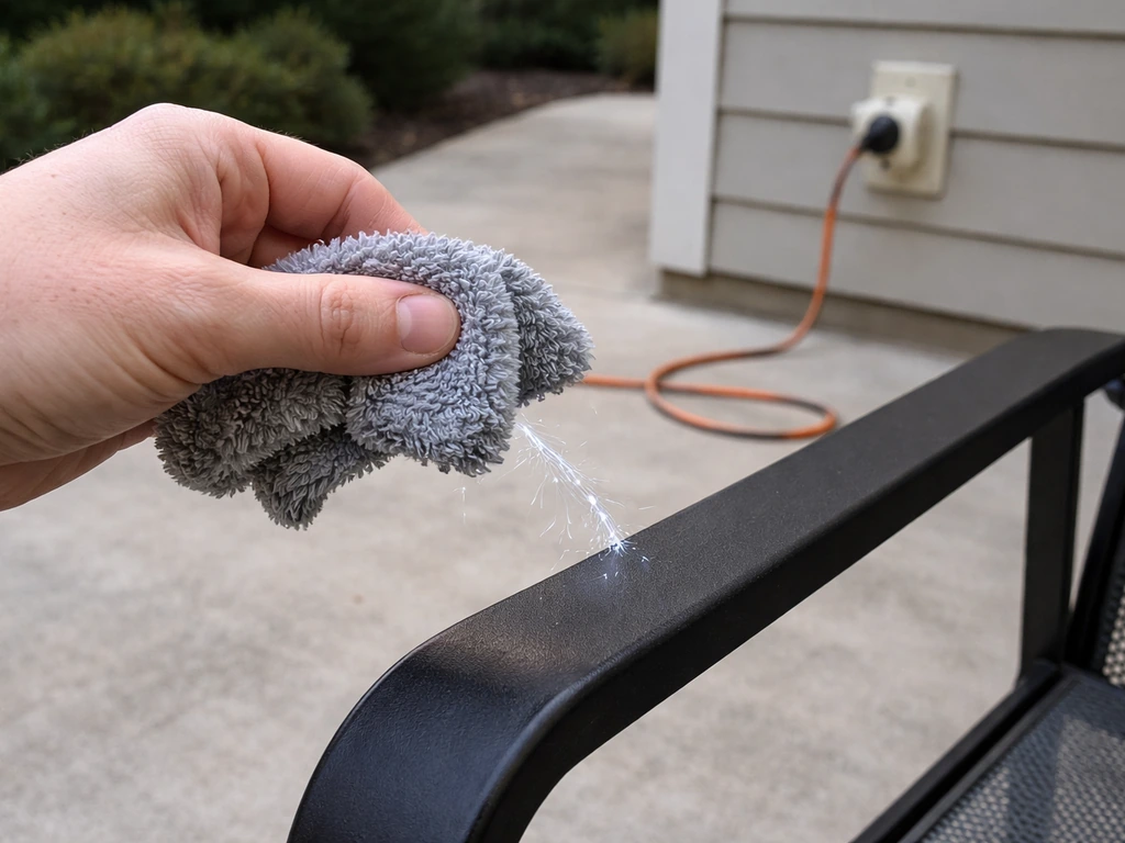 Dry fabric sparks from electrostatic discharge near patio furniture, with an outdoor cord in the background.