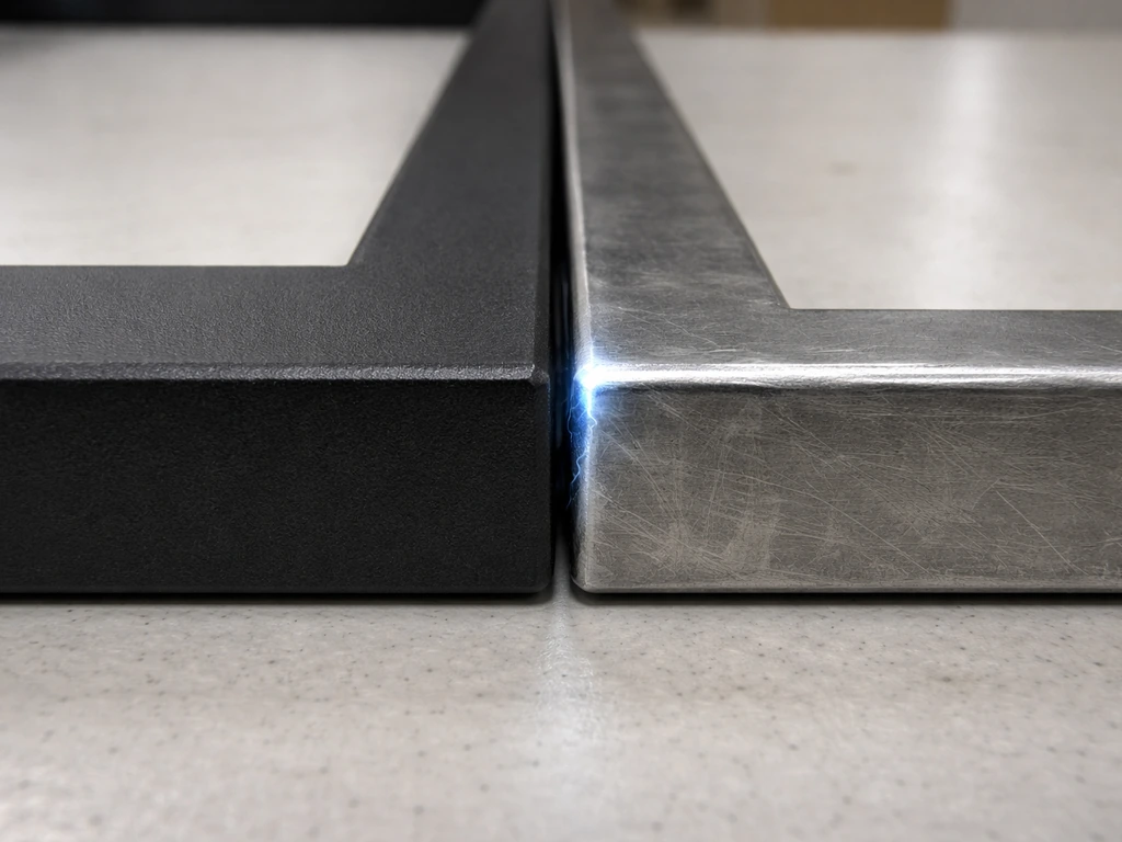 Side-by-side close-up of powder-coated metal frame vs bare abraded metal edge with subtle charge glow
