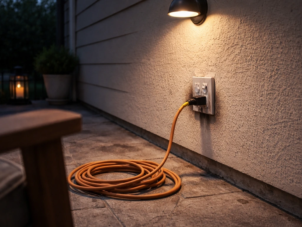 Patio outlet with plugged extension cord and subtle scorch marks near the socket area, no person present.