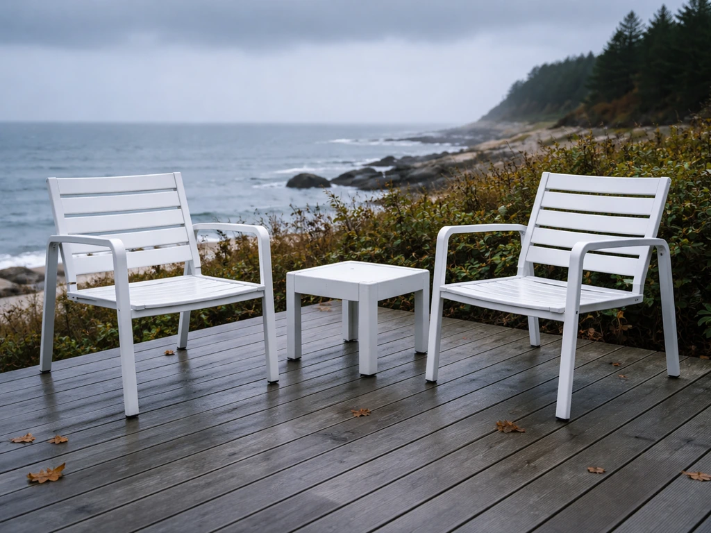 Weatherproof aluminum patio furniture on a New England deck under cool fall coastal light.