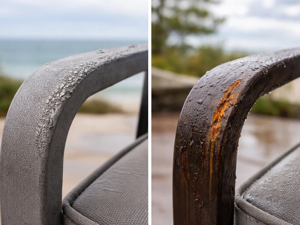Split close-up of patio furniture: corroded powder-coated metal near salt air vs untreated metal showing rust from rain/