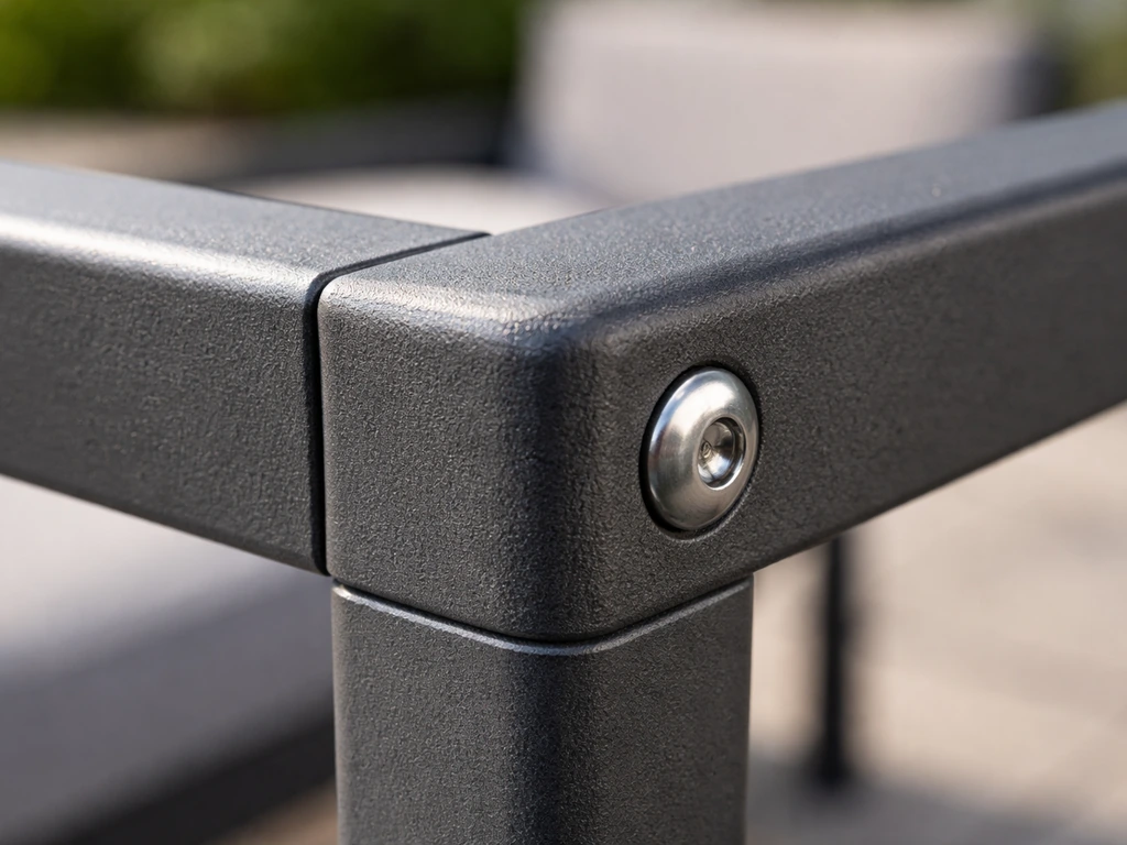 Close-up of powder-coated aluminum patio furniture joints and hardware, showing thick finish and sealed frame.