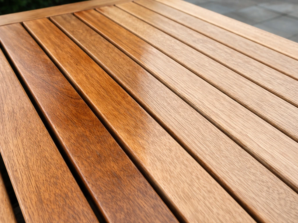 Teak slats with visible grain, one area freshly oiled with a sheen and the rest matte