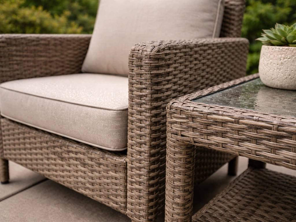 Outdoor resin wicker chair and small side table with water beading on the woven synthetic texture.