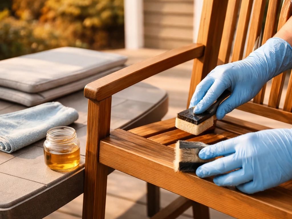 Hands scrubbing and applying teak oil to wooden outdoor chair cushions on a porch in autumn light.