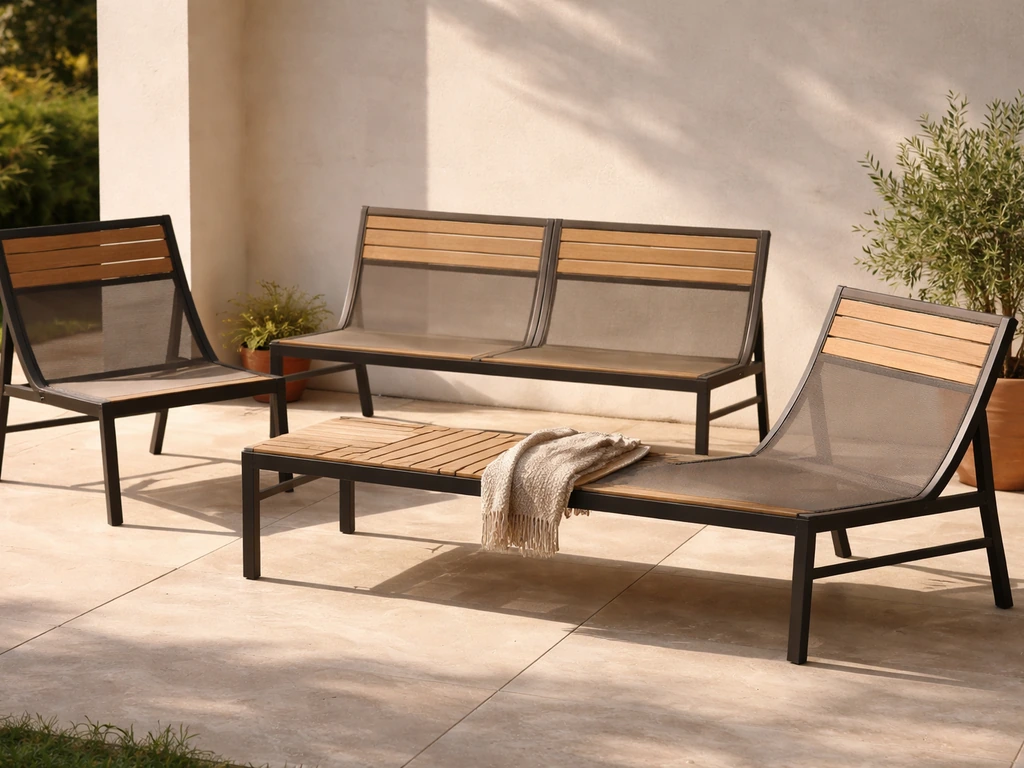 Stylish outdoor patio with cushion-free sling chairs and a bench, showing bare seats and slatted design.