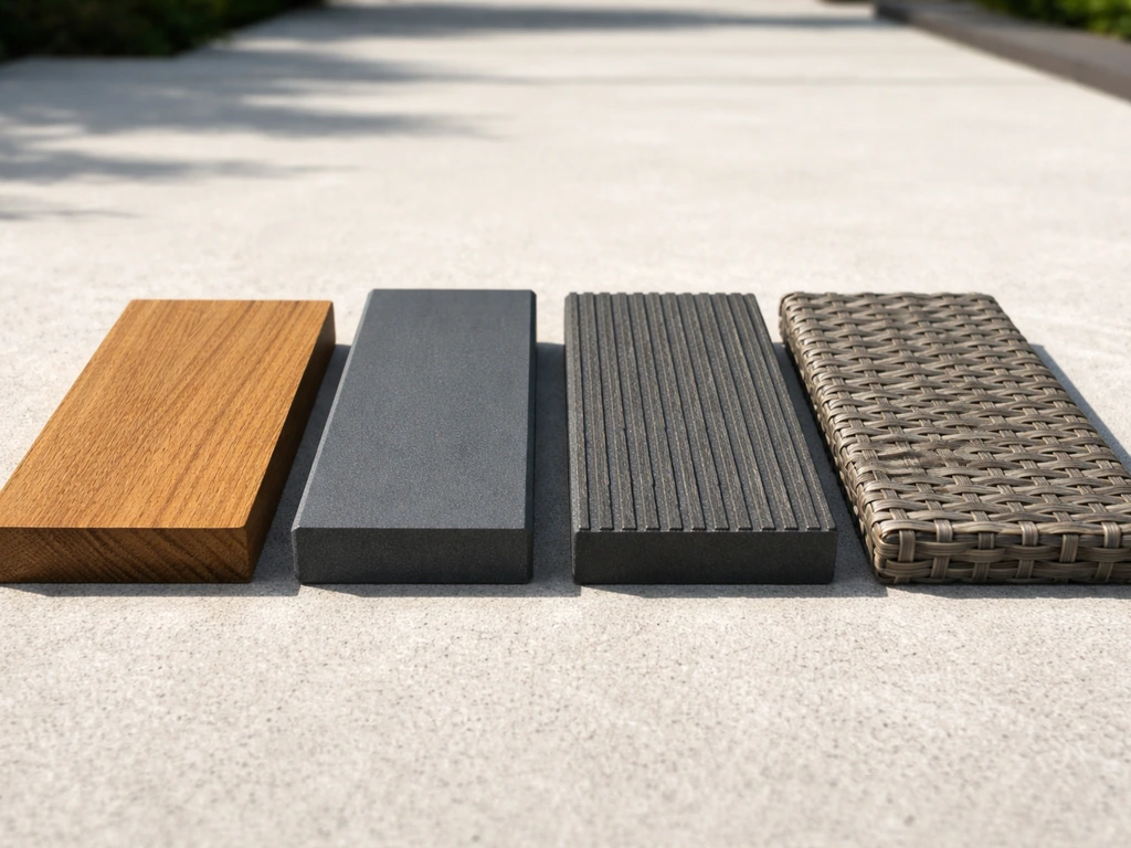 Closeup set of four cushion-free outdoor materials: teak grain, aluminum frame, HDPE plastic lumber, and resin wicker.
