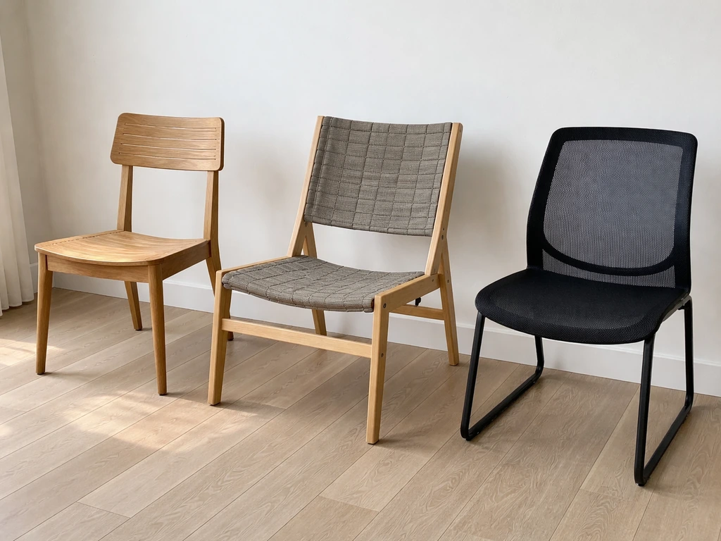 Three cushion-free chairs with slatted, sling, and mesh seats shown side by side in a simple room.